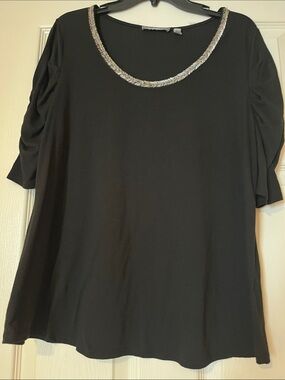 NY Collection Black Short-Sleeve Scoop Neck Top with Silver Trim